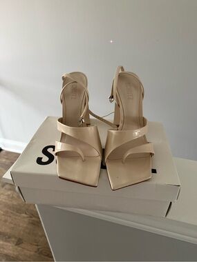 SCHUTZ Patent Strappy Square-Toe Heels in Cream